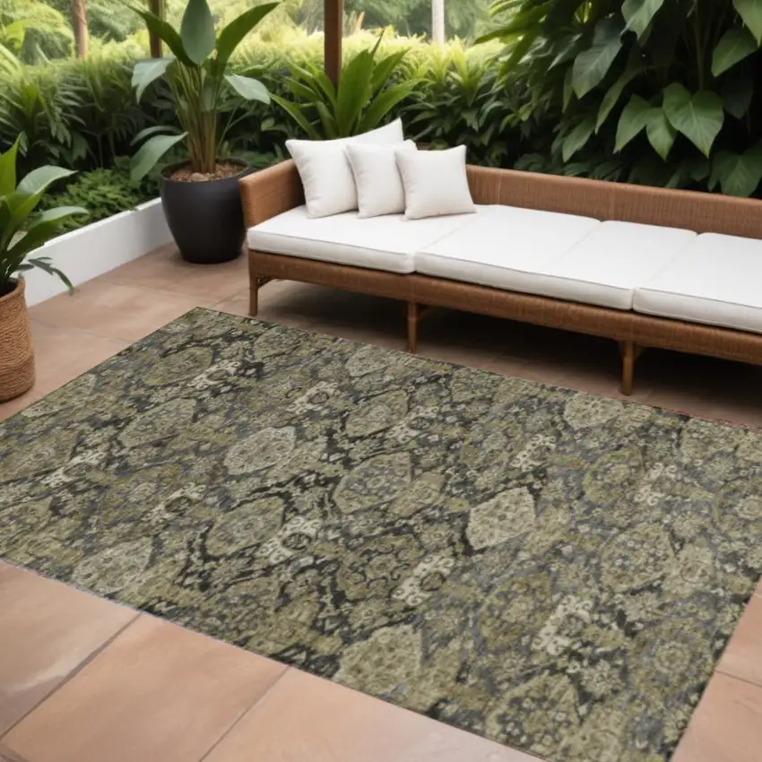 Charcoal And Beige Damask Washable Indoor Outdoor Area Rug Photo 1