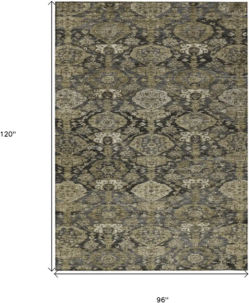 Charcoal And Beige Damask Washable Indoor Outdoor Area Rug Photo 7