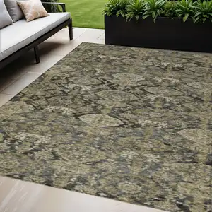 Photo of Charcoal And Beige Damask Washable Indoor Outdoor Area Rug