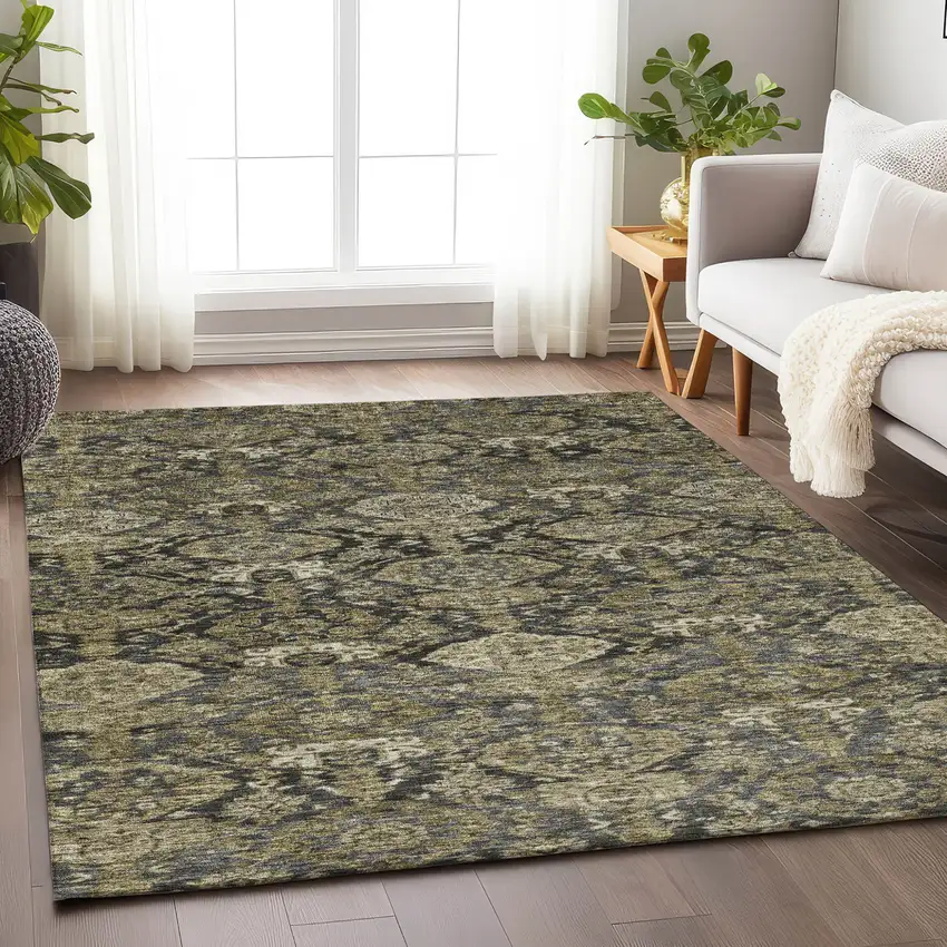 Charcoal And Beige Damask Washable Indoor Outdoor Area Rug Photo 8