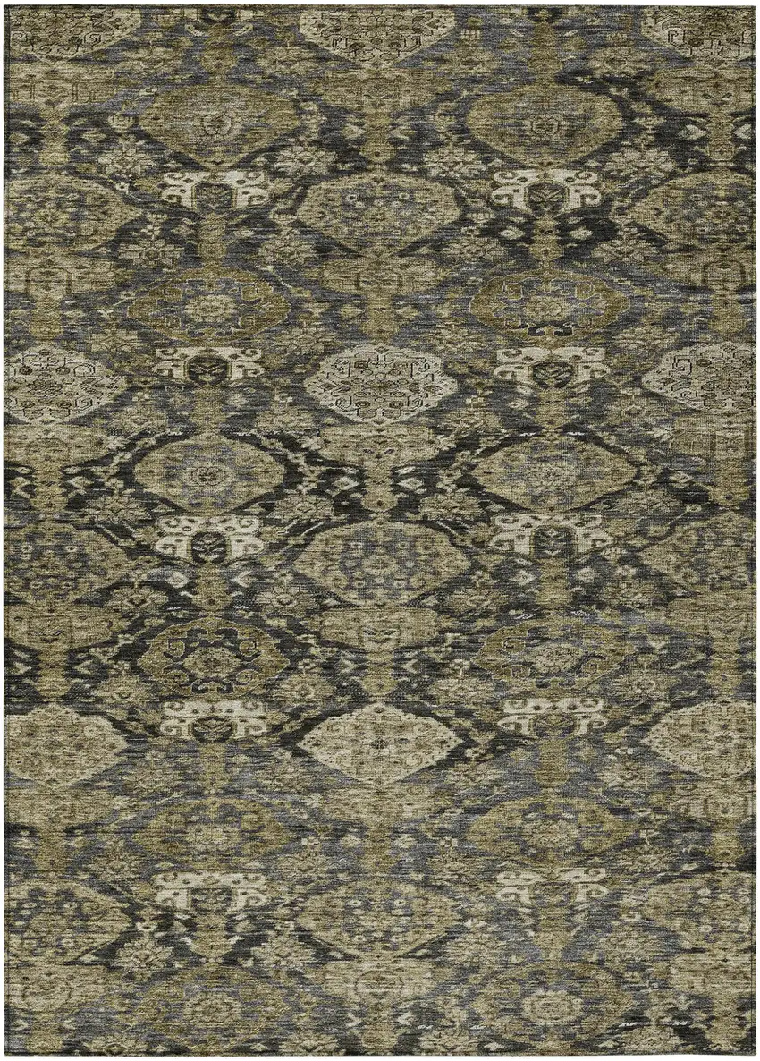 Charcoal And Beige Damask Washable Indoor Outdoor Area Rug Photo 2