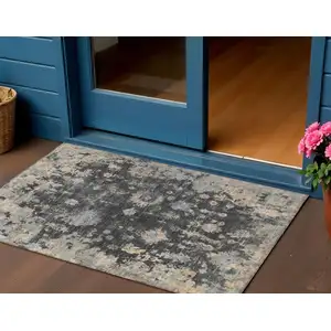 Photo of Charcoal And Beige Floral Washable Indoor Outdoor Area Rug