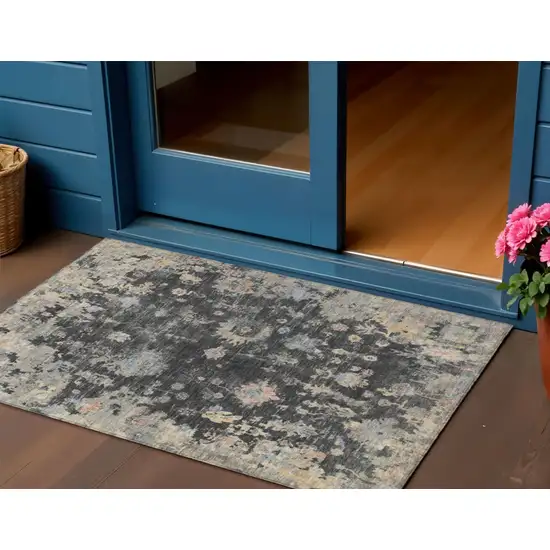 Charcoal And Beige Floral Washable Indoor Outdoor Area Rug Photo 1