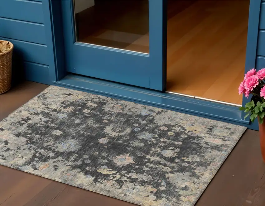 Charcoal And Beige Floral Washable Indoor Outdoor Area Rug Photo 1