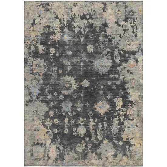 Charcoal And Beige Floral Washable Indoor Outdoor Area Rug Photo 4
