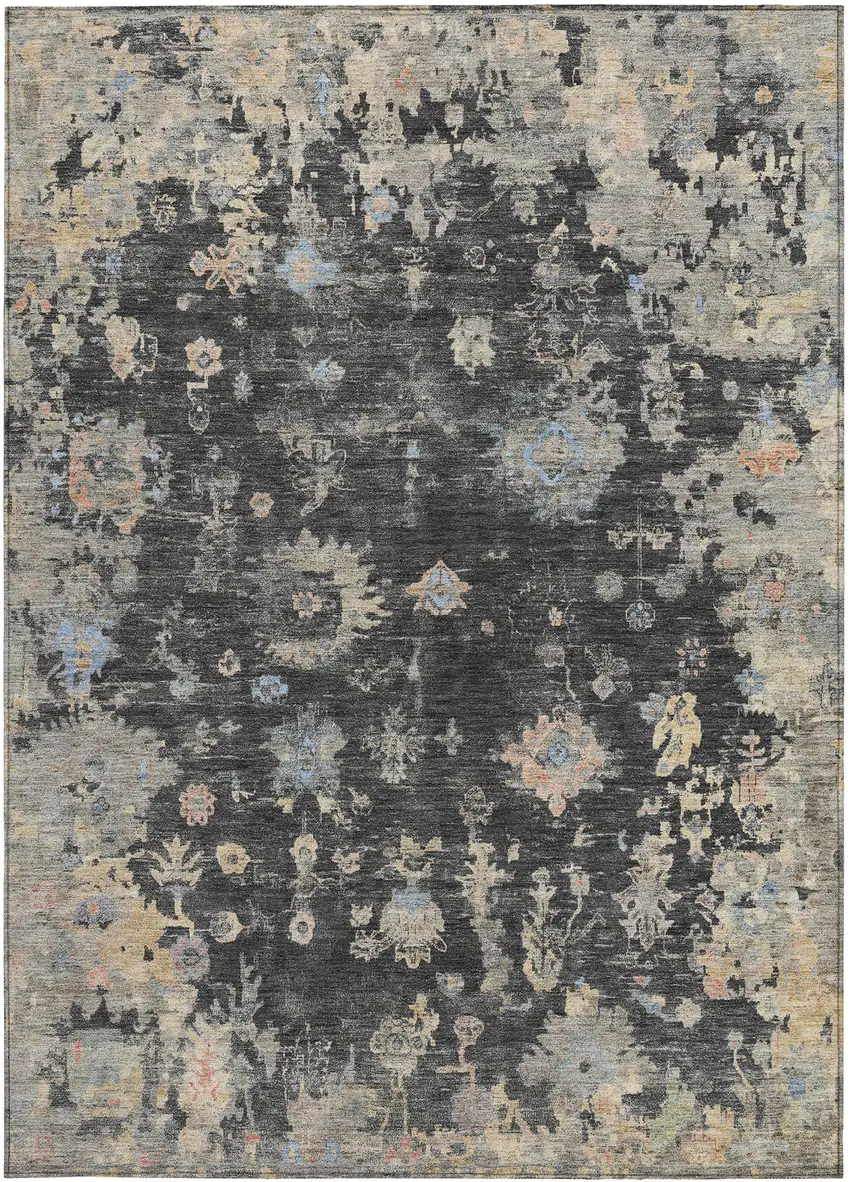 Charcoal And Beige Floral Washable Indoor Outdoor Area Rug Photo 4