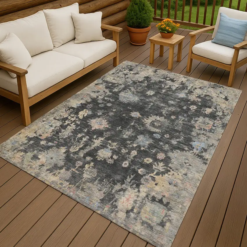 Charcoal And Beige Floral Washable Indoor Outdoor Area Rug Photo 9