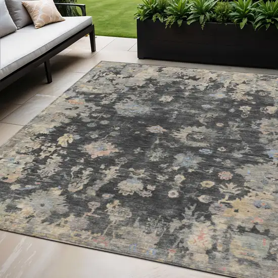 Charcoal And Beige Floral Washable Indoor Outdoor Area Rug Photo 1