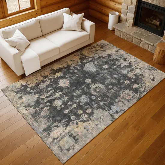 Charcoal And Beige Floral Washable Indoor Outdoor Area Rug Photo 9