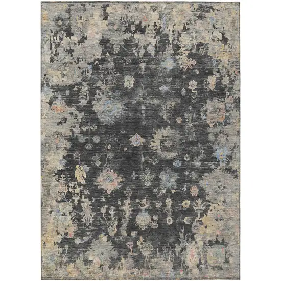Charcoal And Beige Floral Washable Indoor Outdoor Area Rug Photo 2