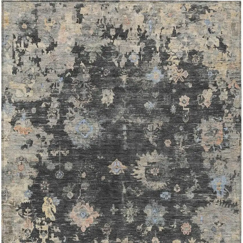 Charcoal And Beige Floral Washable Indoor Outdoor Area Rug Photo 4