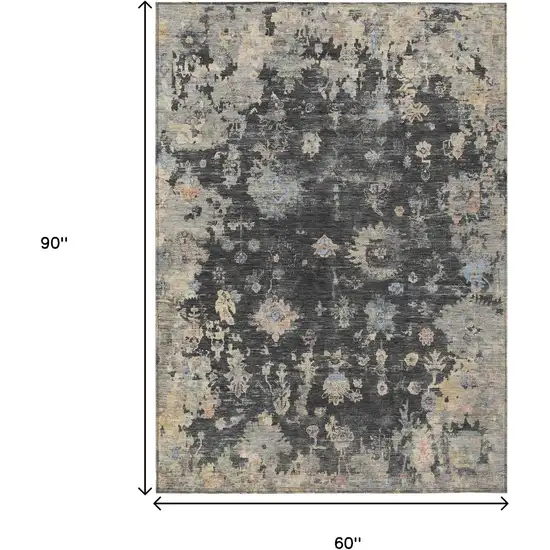 Charcoal And Beige Floral Washable Indoor Outdoor Area Rug Photo 3