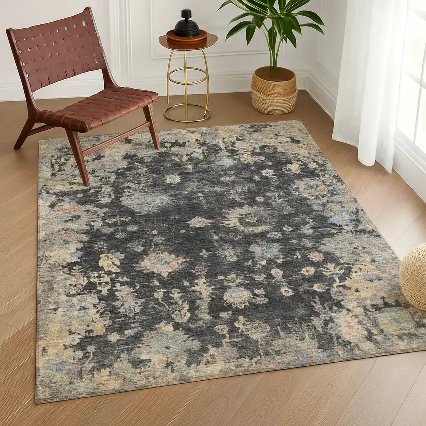 Charcoal And Beige Floral Washable Indoor Outdoor Area Rug Photo 9