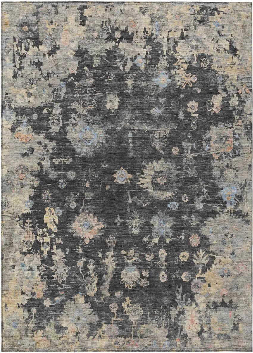 Charcoal And Beige Floral Washable Indoor Outdoor Area Rug Photo 2