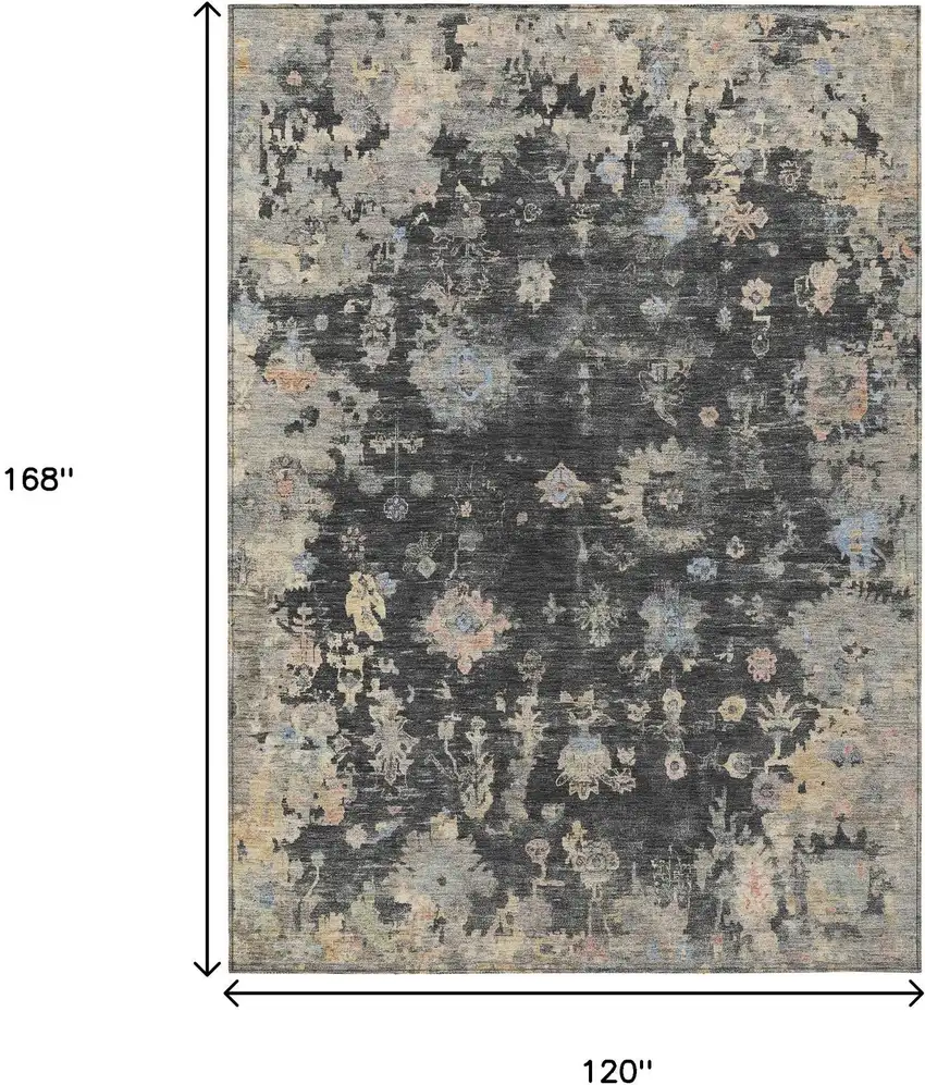 Charcoal And Beige Floral Washable Indoor Outdoor Area Rug Photo 3