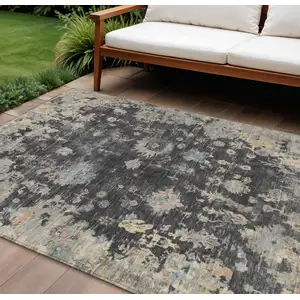 Photo of Charcoal And Beige Floral Washable Indoor Outdoor Area Rug