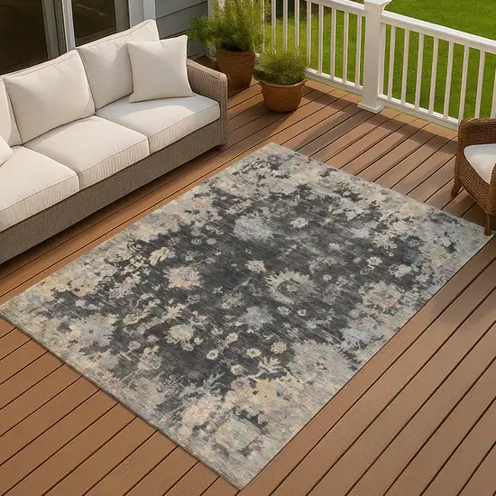 Charcoal And Beige Floral Washable Indoor Outdoor Area Rug Photo 7