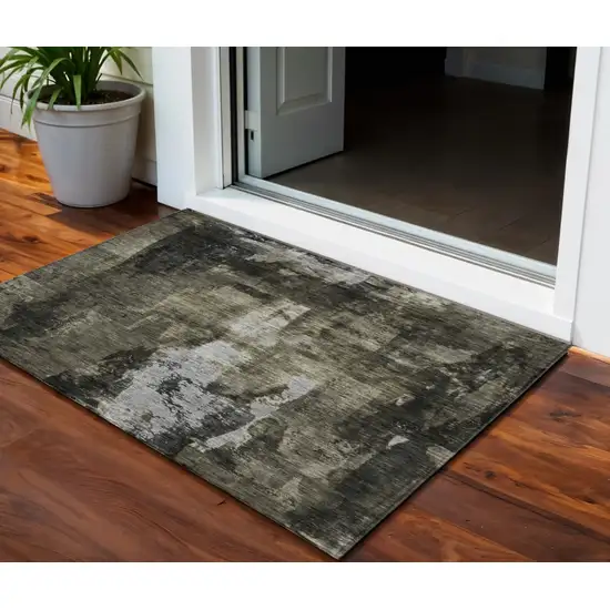 Charcoal And Black Abstract Washable Indoor Outdoor Area Rug Photo 1