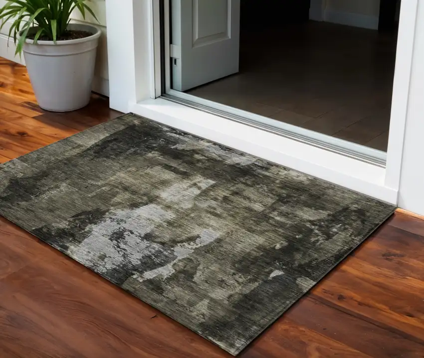 Charcoal And Black Abstract Washable Indoor Outdoor Area Rug Photo 1