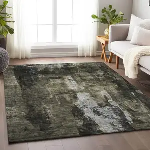 Photo of Charcoal And Black Abstract Washable Indoor Outdoor Area Rug