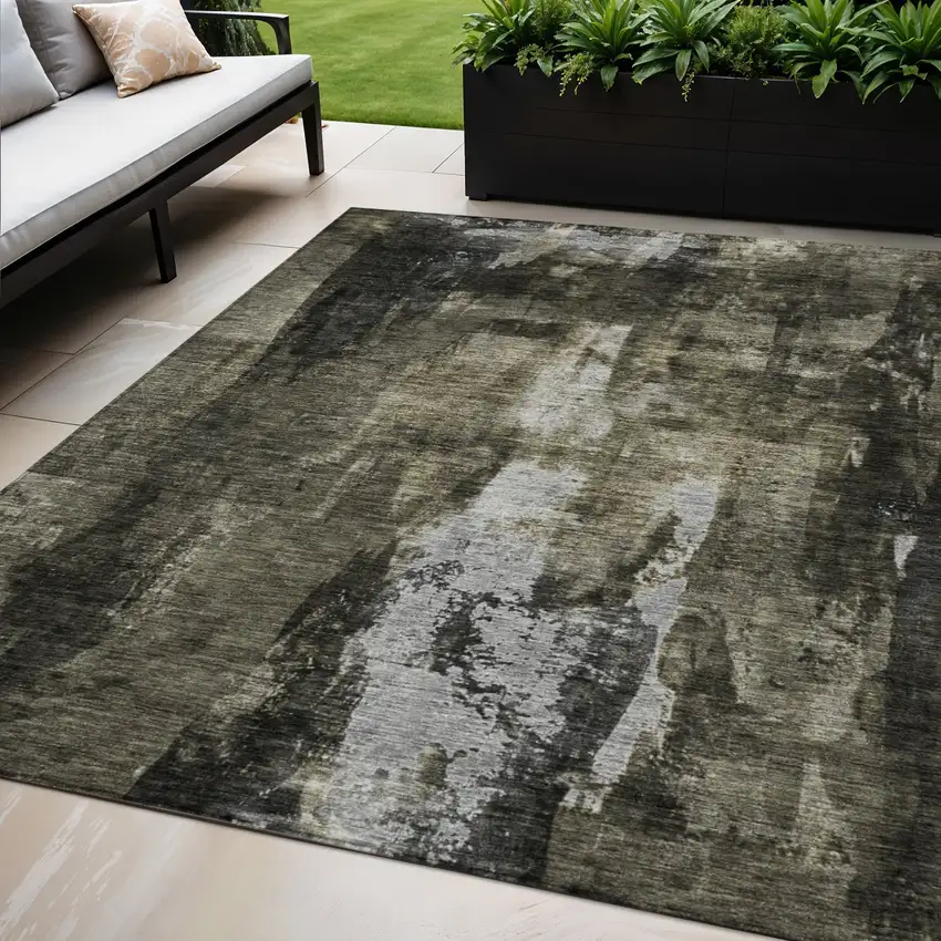 Charcoal And Black Abstract Washable Indoor Outdoor Area Rug Photo 1