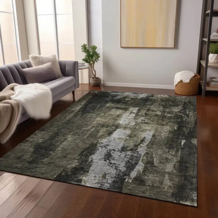 Charcoal And Black Abstract Washable Indoor Outdoor Area Rug Photo 9