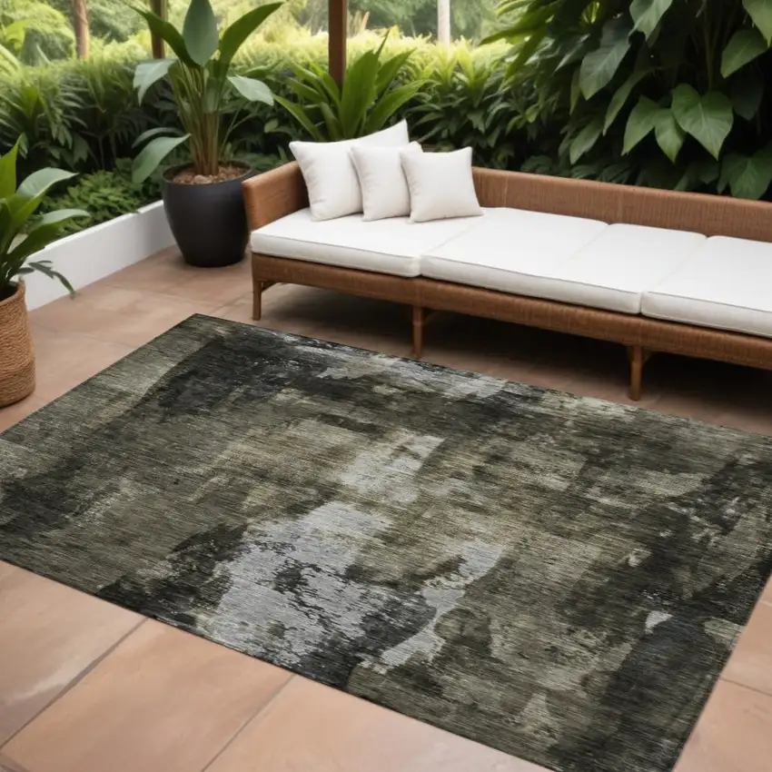 Charcoal And Black Abstract Washable Indoor Outdoor Area Rug Photo 1