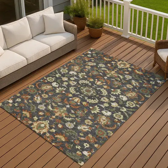 Charcoal And Black Floral Medallion Washable Indoor Outdoor Area Rug Photo 7