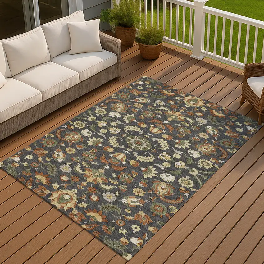 Charcoal And Black Floral Medallion Washable Indoor Outdoor Area Rug Photo 7