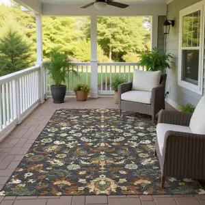 Photo of Charcoal And Black Floral Medallion Washable Indoor Outdoor Area Rug