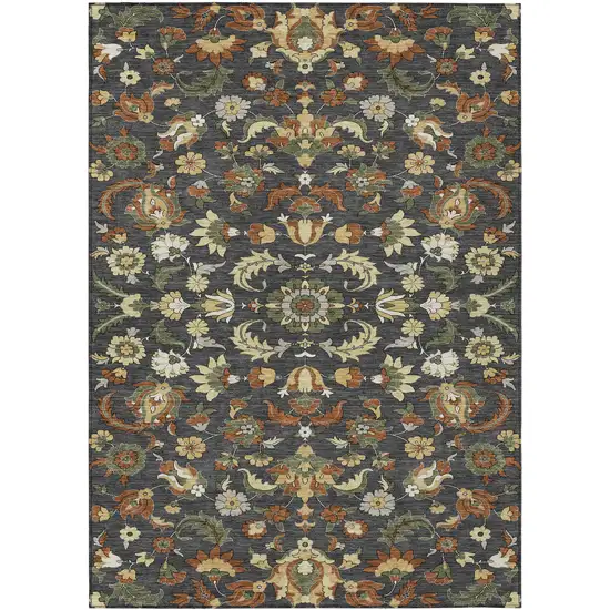 Charcoal And Black Floral Medallion Washable Indoor Outdoor Area Rug Photo 1