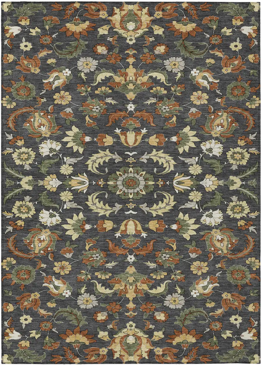 Charcoal And Black Floral Medallion Washable Indoor Outdoor Area Rug Photo 1