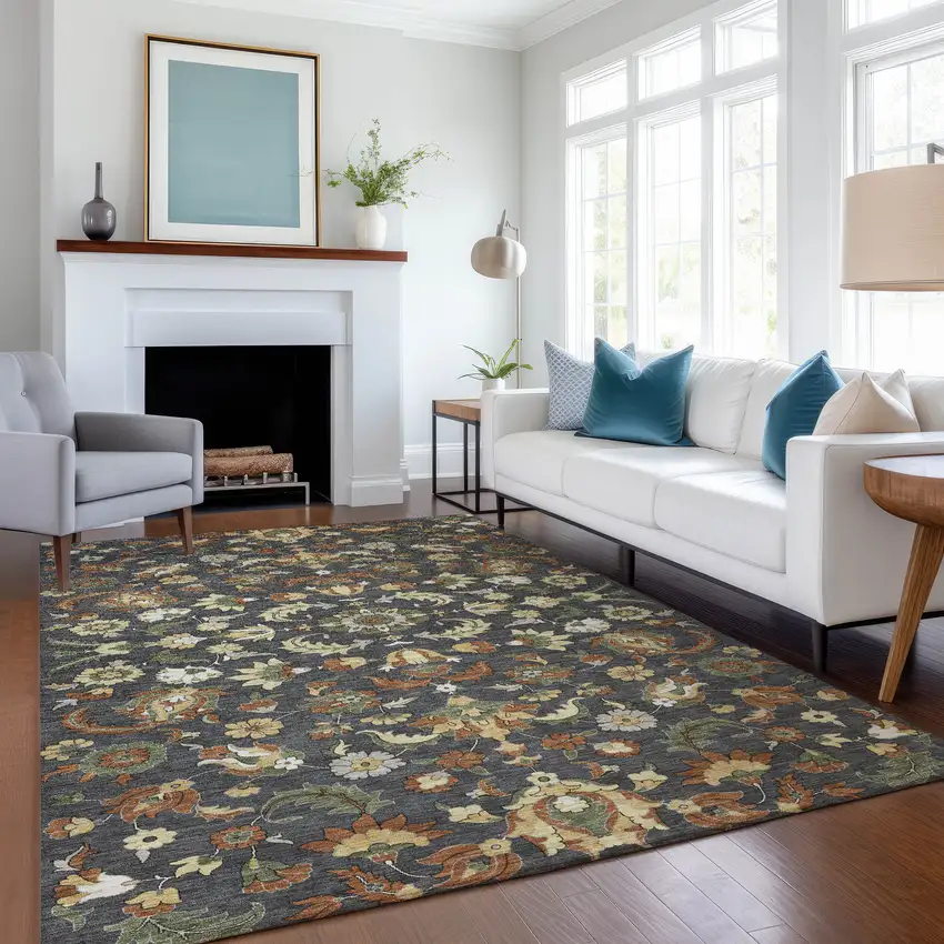 Charcoal And Black Floral Medallion Washable Indoor Outdoor Area Rug Photo 6