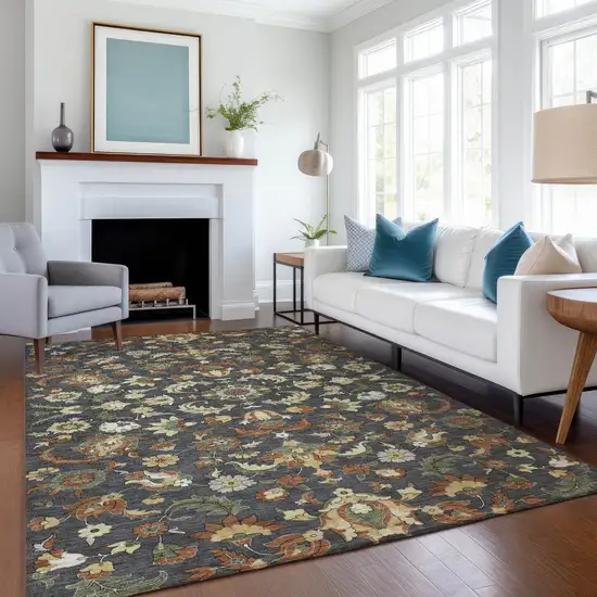 Charcoal And Black Floral Medallion Washable Indoor Outdoor Area Rug Photo 6