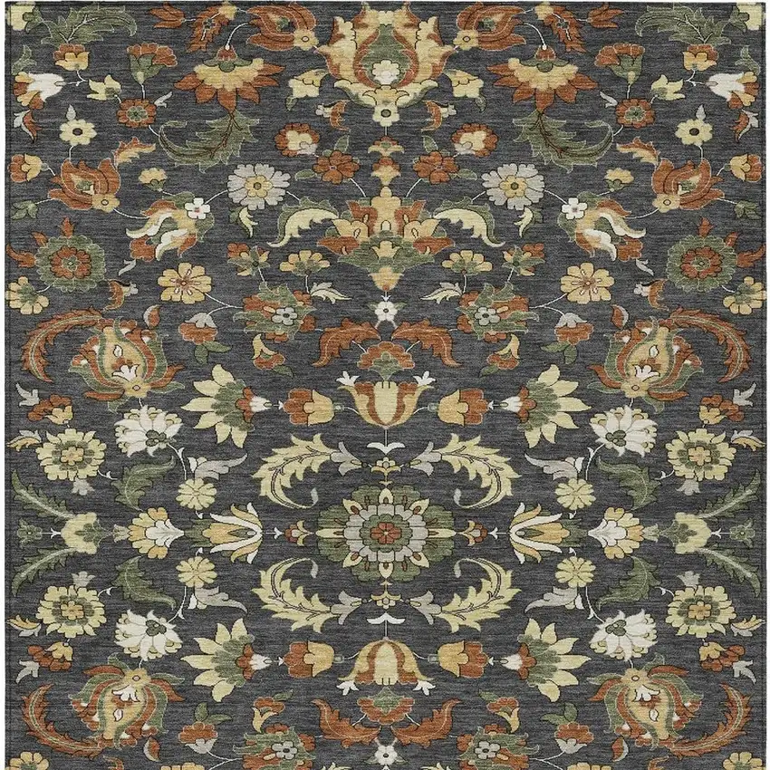 Charcoal And Black Floral Medallion Washable Indoor Outdoor Area Rug Photo 3