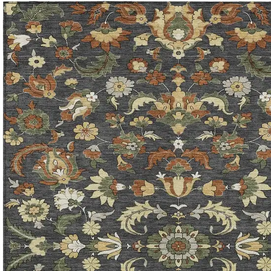 Charcoal And Black Floral Medallion Washable Indoor Outdoor Area Rug Photo 2