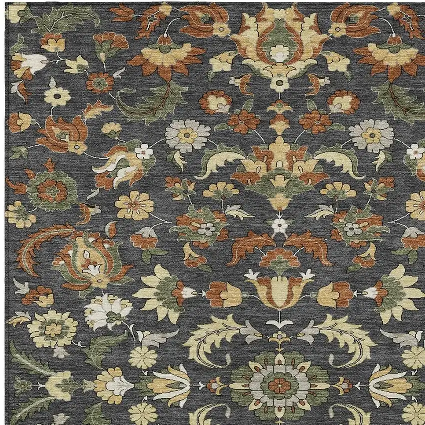 Charcoal And Black Floral Medallion Washable Indoor Outdoor Area Rug Photo 2