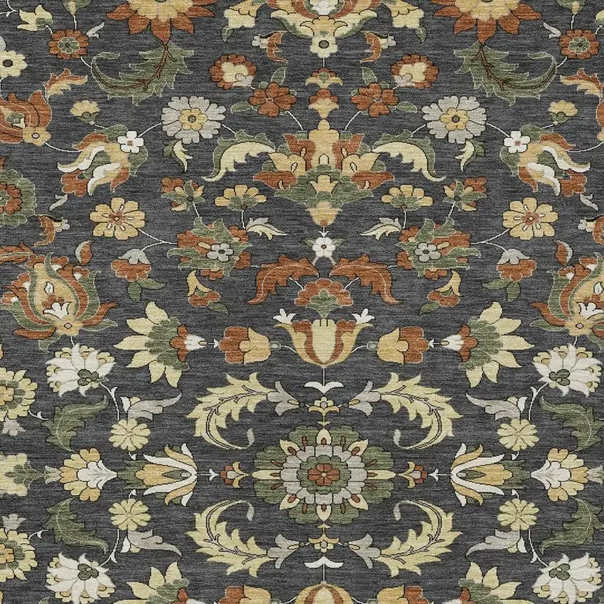 Charcoal And Black Floral Medallion Washable Indoor Outdoor Area Rug Photo 2