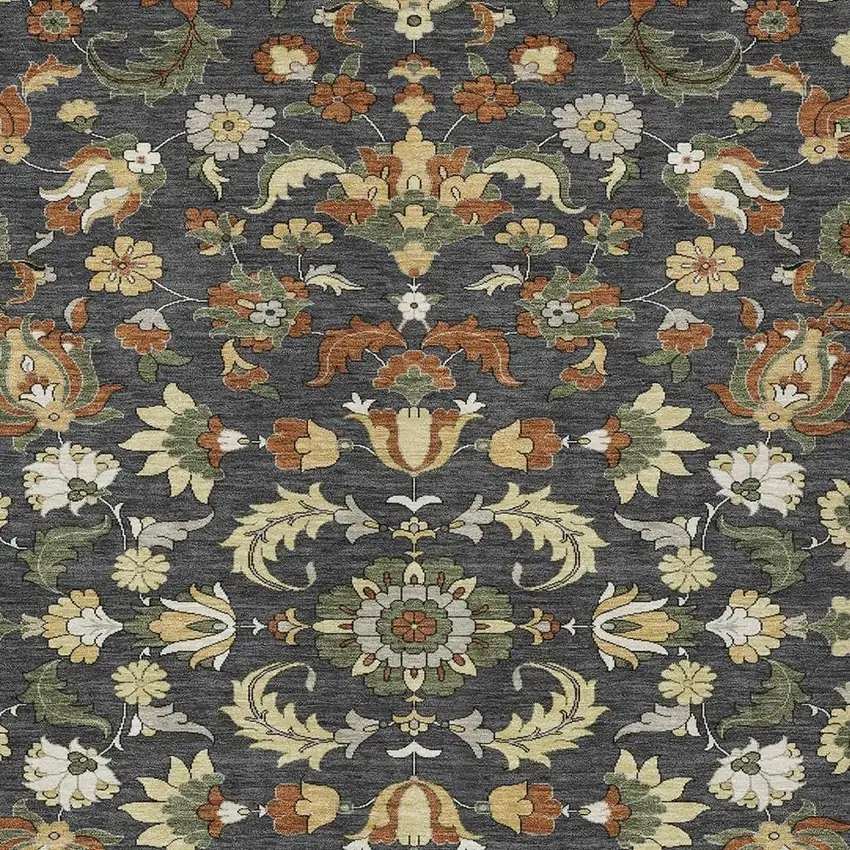 Charcoal And Black Floral Medallion Washable Indoor Outdoor Area Rug Photo 3