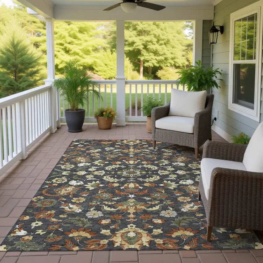 Charcoal And Black Floral Medallion Washable Indoor Outdoor Area Rug Photo 4