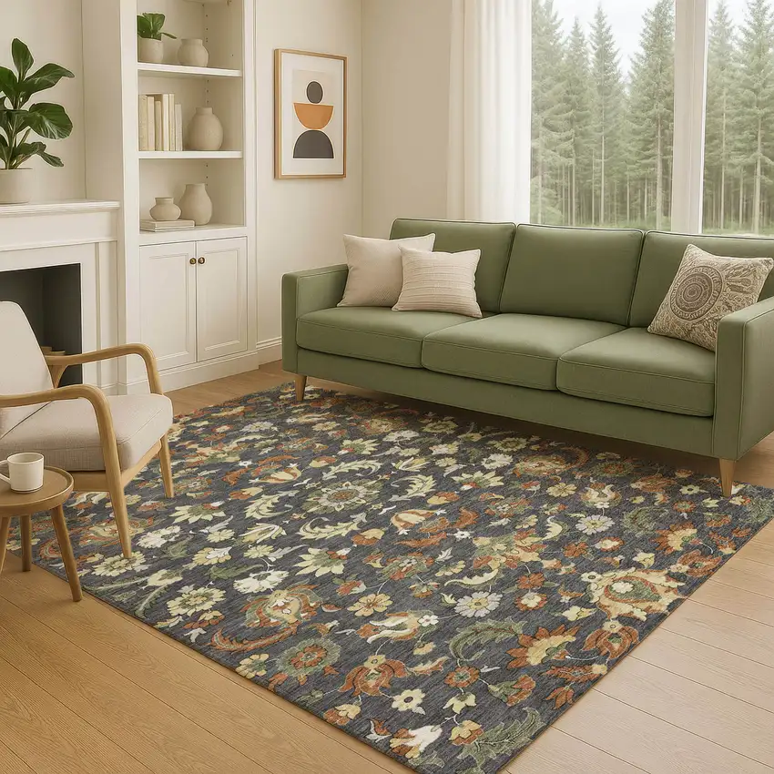 Charcoal And Black Floral Medallion Washable Indoor Outdoor Area Rug Photo 5