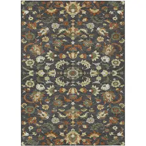 Photo of Charcoal And Black Floral Medallion Washable Indoor Outdoor Area Rug