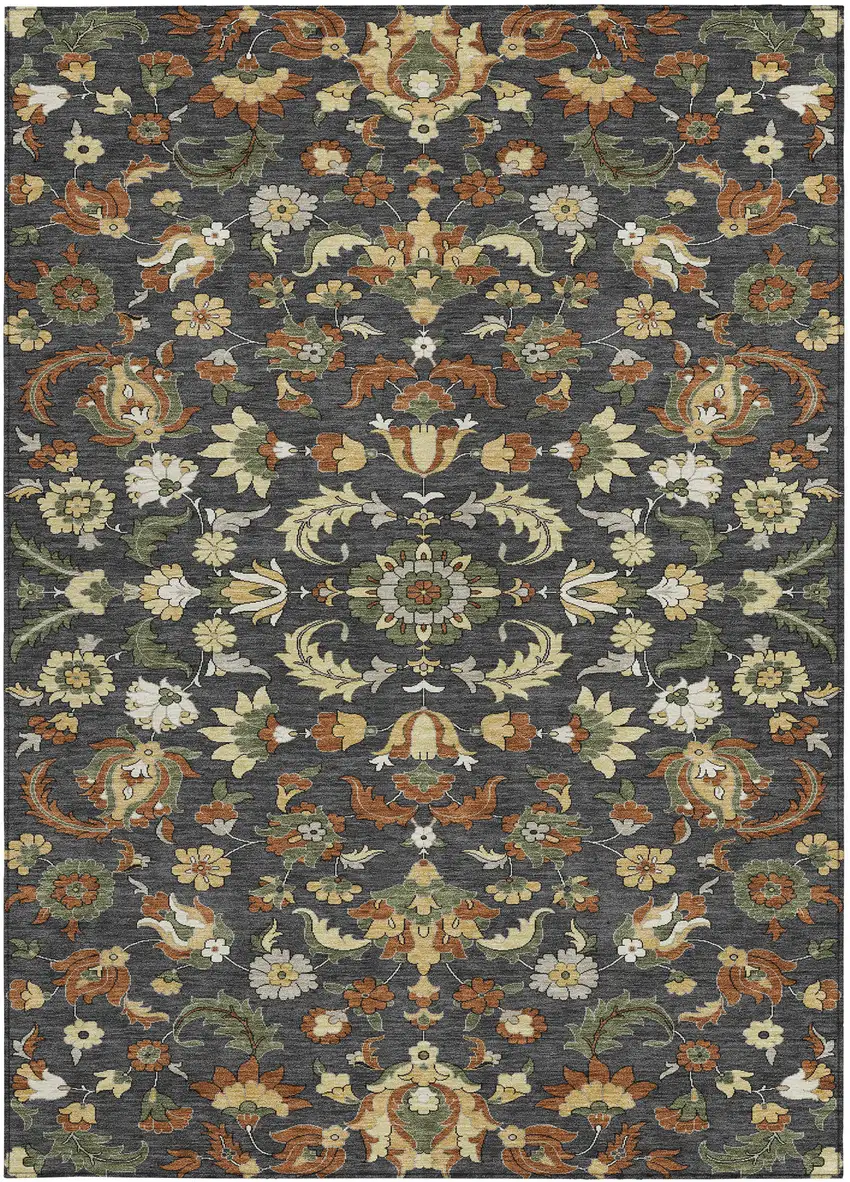 Charcoal And Black Floral Medallion Washable Indoor Outdoor Area Rug Photo 3