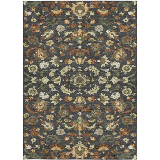 Charcoal And Black Floral Medallion Washable Indoor Outdoor Area Rug Photo 3