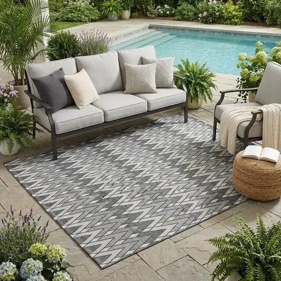 Charcoal And Black Geometric Washable Indoor Outdoor Area Rug Photo 1