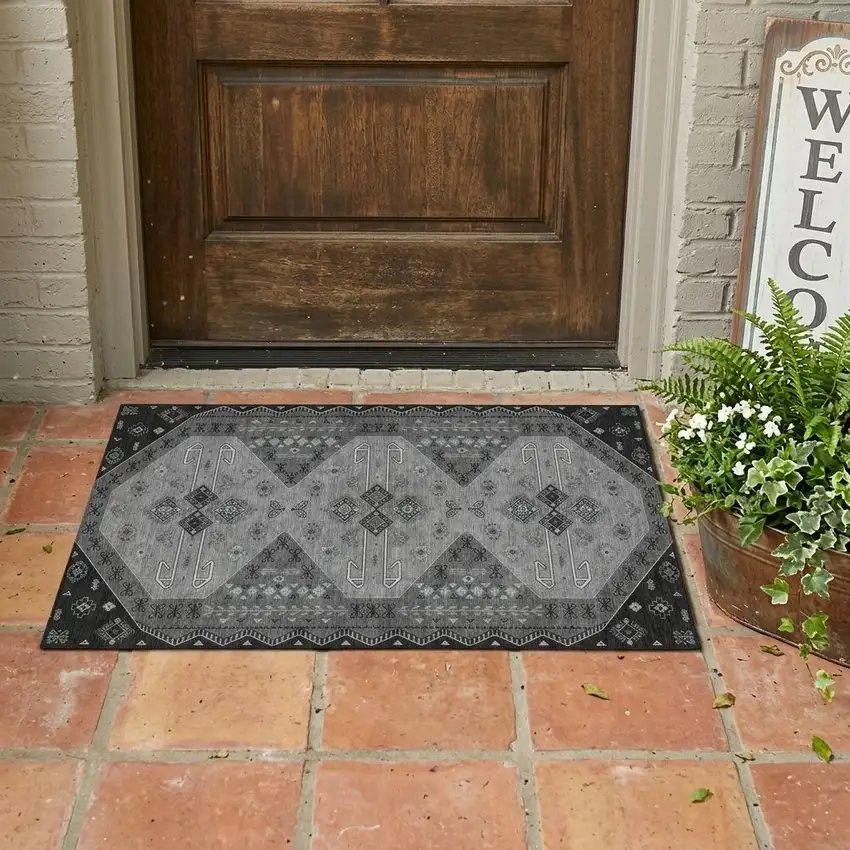Charcoal And Black Geometric Washable Indoor Outdoor Area Rug Photo 1