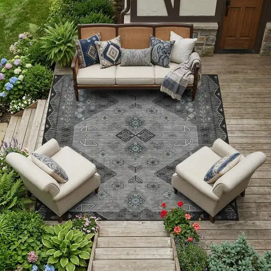 Charcoal And Black Geometric Washable Indoor Outdoor Area Rug Photo 1