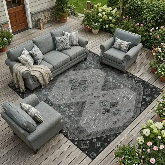 Charcoal And Black Geometric Washable Indoor Outdoor Area Rug Photo 1