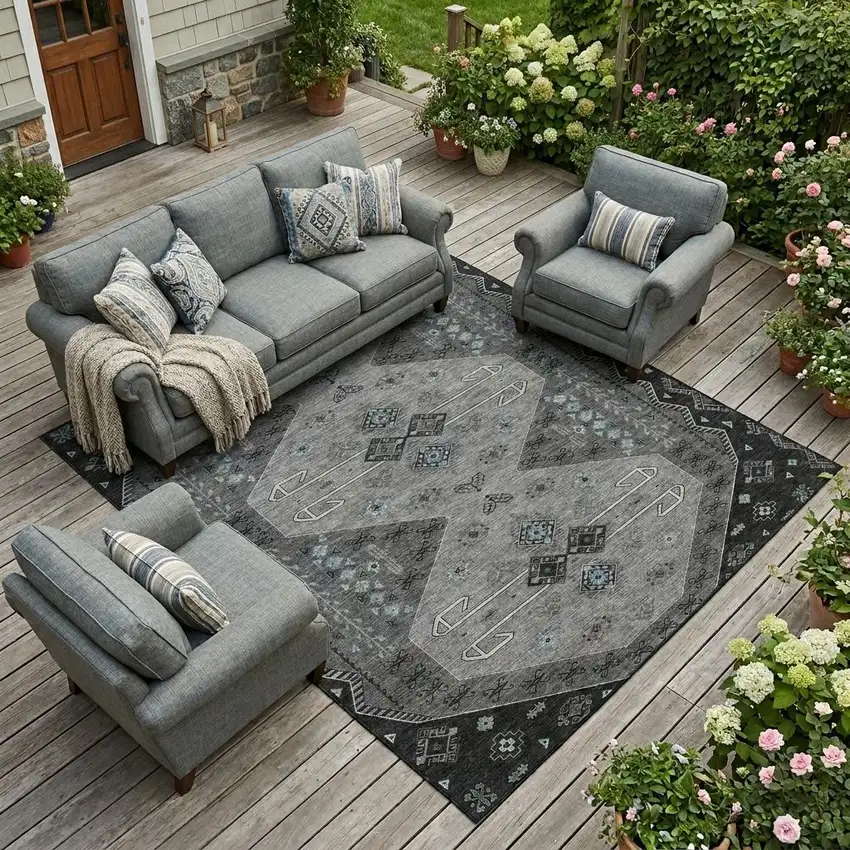 Charcoal And Black Geometric Washable Indoor Outdoor Area Rug Photo 1