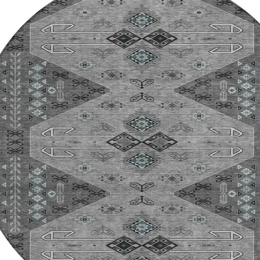 Charcoal And Black Round Geometric Washable Indoor Outdoor Area Rug Photo 2